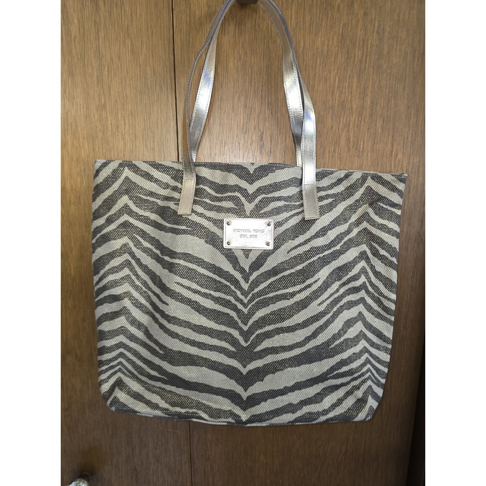 MICHAEL KORS Canvas Fabric Gold Zebra-Print Tote Bag 13'' x 17''